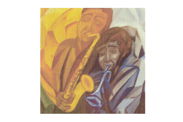 Gemälde zweier Musiker mit Saxofon und Trompete in kantigen Formen