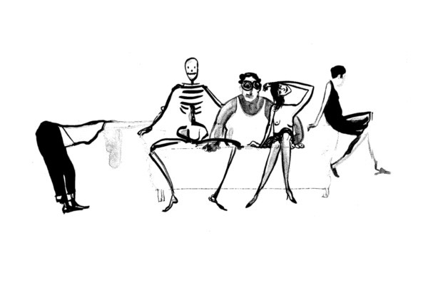 Tuschezeichnung mehrerer Figuren auf einem Sofa, darunter ein Skelett