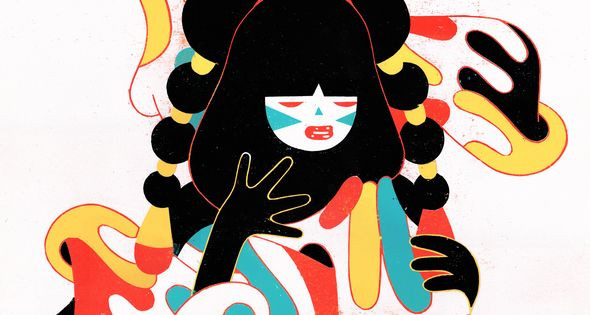 Farbenfrohe Illustration einer Figur mit schwarzem Haar zwischen bunten Formen