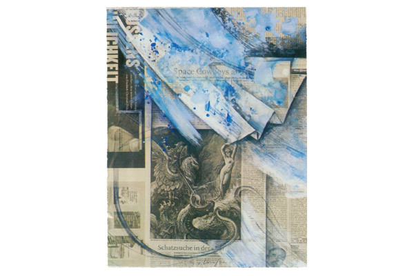 Collage aus Zeitungsseiten, einem Kupferstich und blauer Farbe