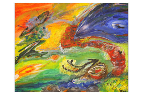 Expressives Gemälde in kräftigen Farben mit Pfeil und Wirbeln