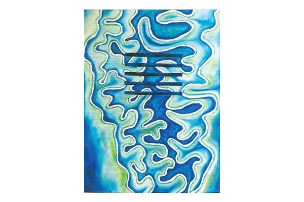 Ornamentales Gemälde in Blau- und Grüntönen, das an Unterwasserwelten erinnert