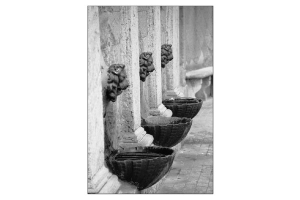 Schwarz-Weiß-Fotografie steinerner Brunnenschalen an Säulen